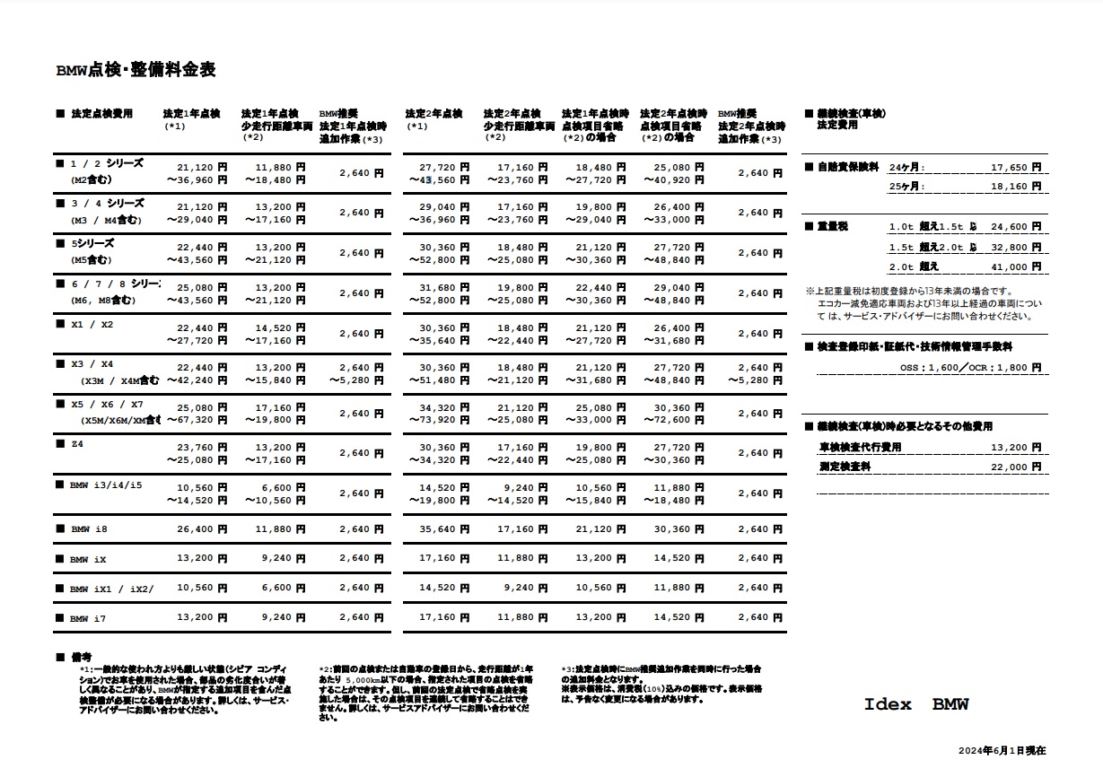 点検整備料金表